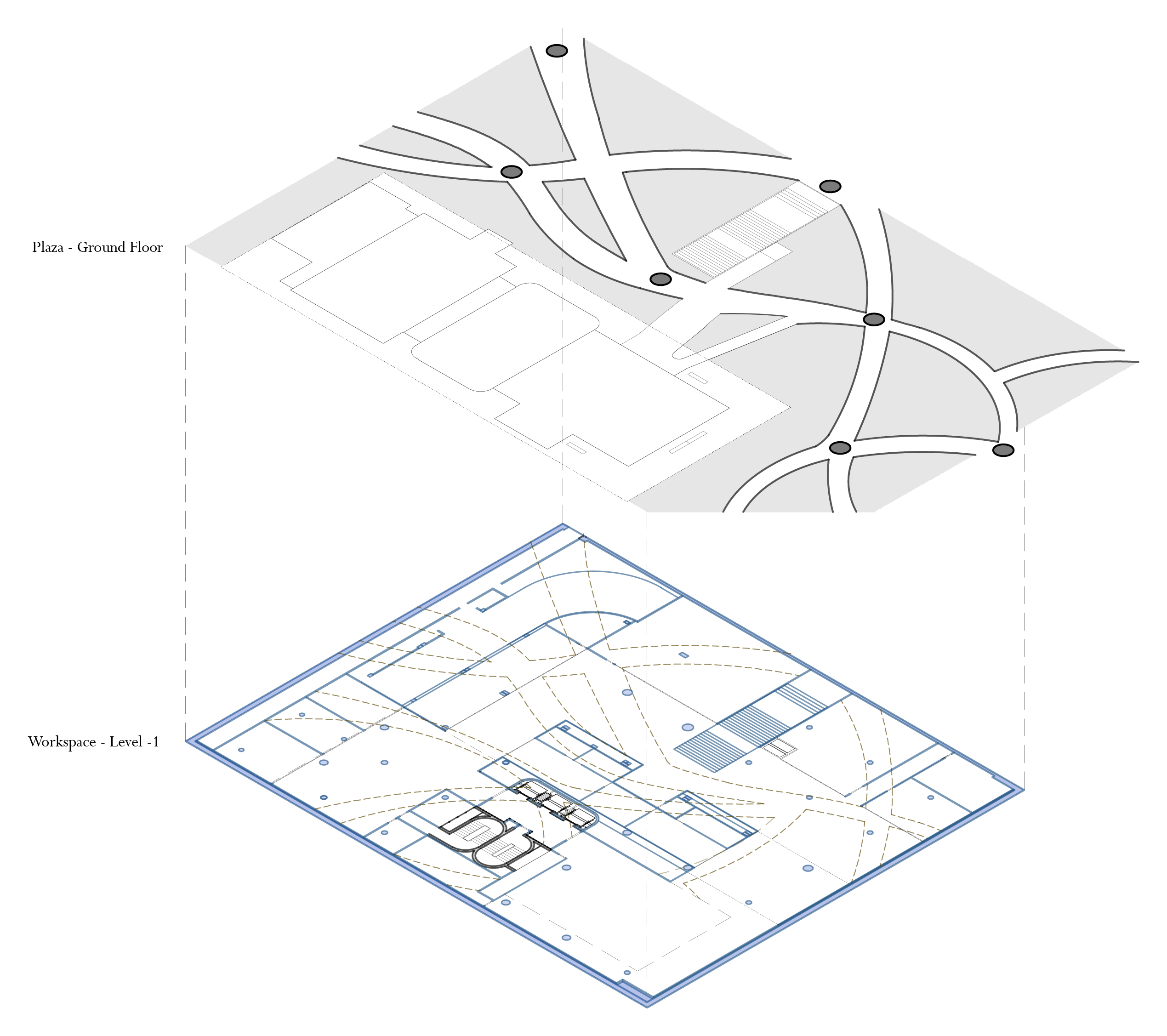 Axonometric diagram: the curving paths of the plaza above, projected down onto the Level −1 workspace plan.