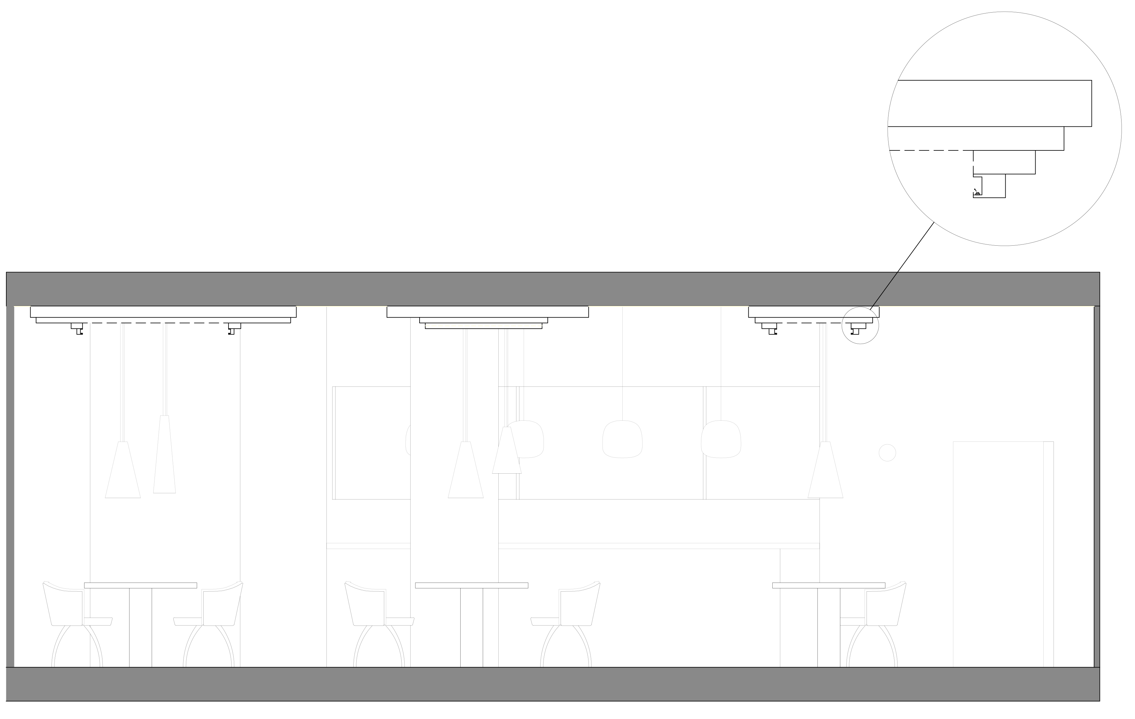 Ambient light layer on the restaurant section, with a circled detail of the concealed LED strip in the stepped ceiling.