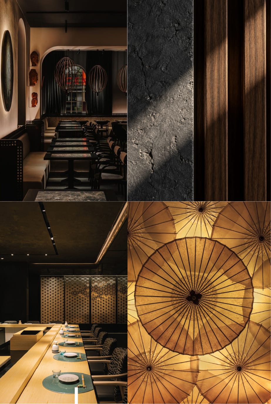 Reference imagery by others: four photographs of dark, warm interiors: a dim dining room, textured stone beside timber slats, a lit timber counter, and paper umbrellas glowing from behind.