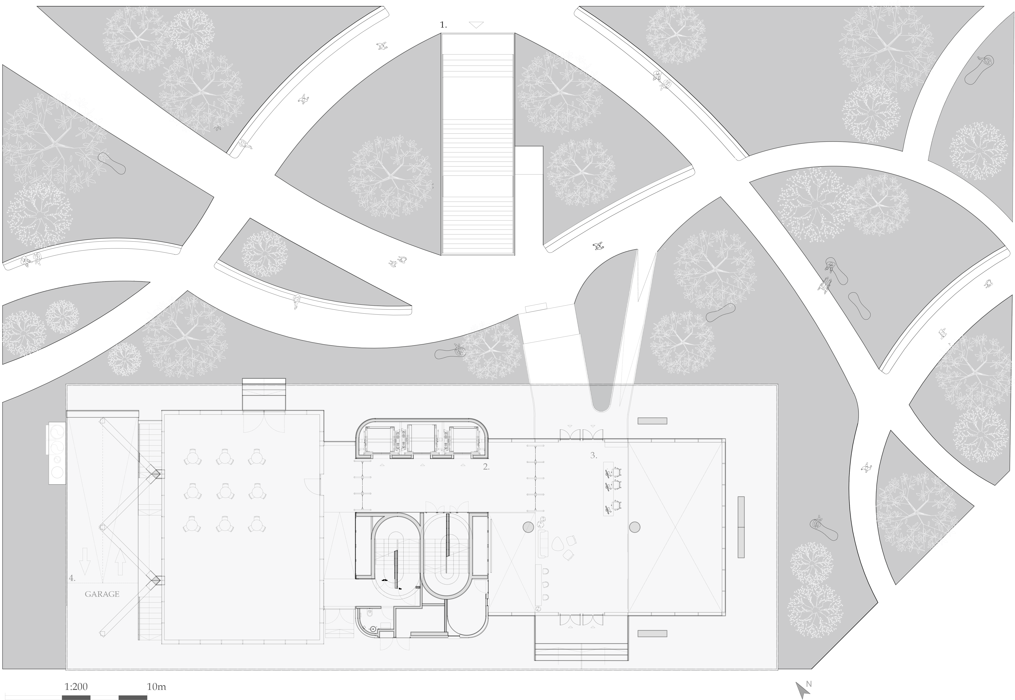 Plaza and ground floor plan, NodeZen HQ, scale 1:200.