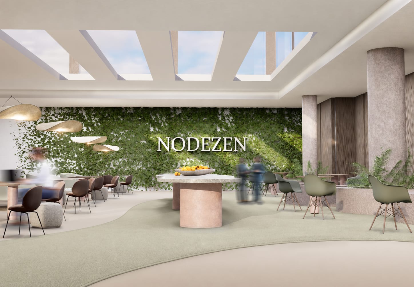 Cafeteria beneath a row of skylights, with a planted green wall carrying the NodeZen name, a long communal table and pale shell chairs.