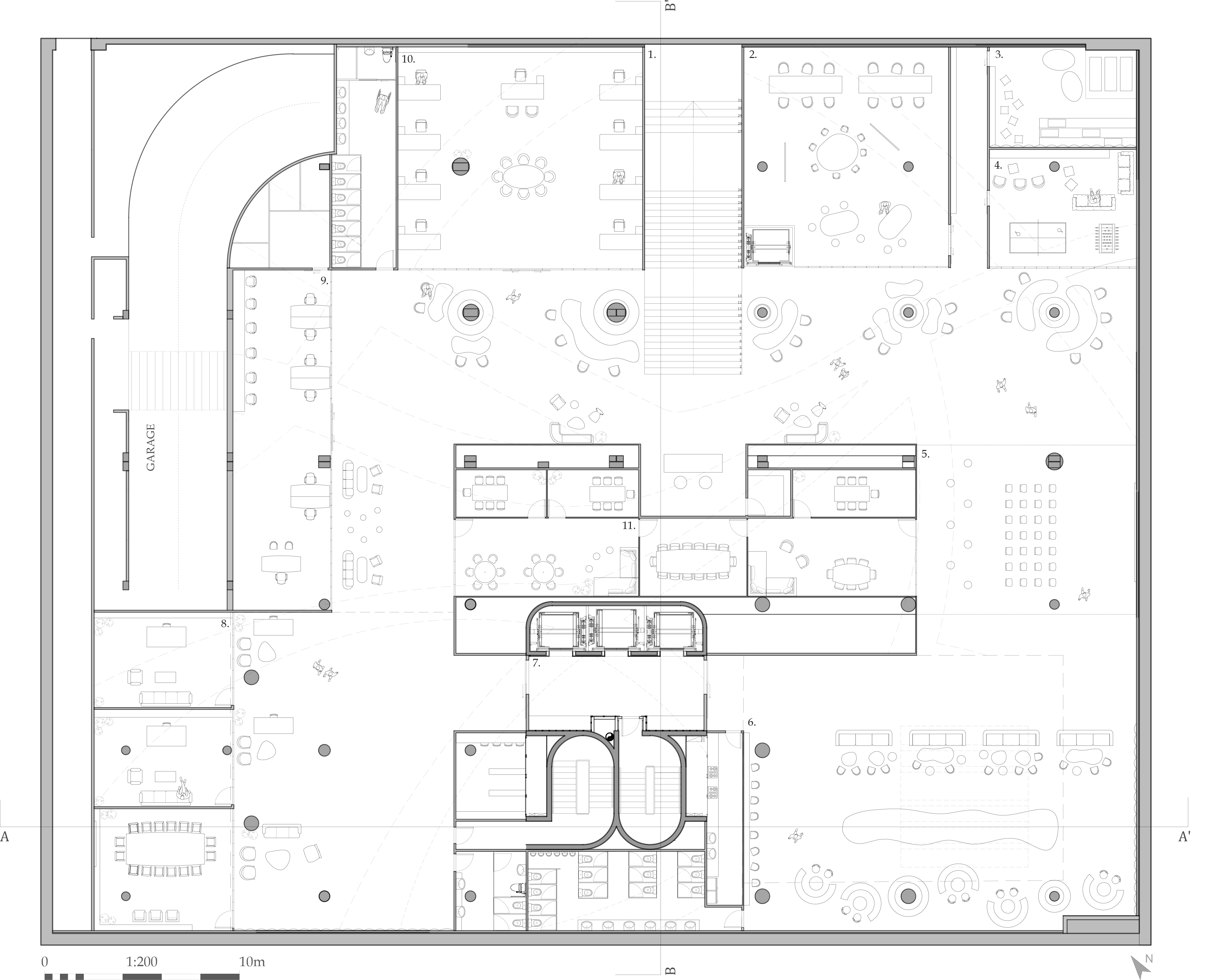 Level −1 floor plan, NodeZen HQ, scale 1:200, with section lines A–A′ and B–B′.